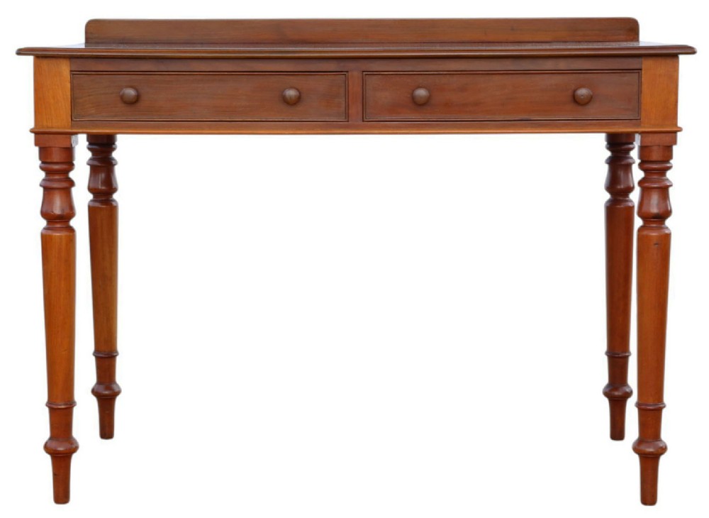 A 19th-century mahogany writing and dressing table featuring two frieze drawers with turned handles, a low gallery back, and tapered turned legs. View IV