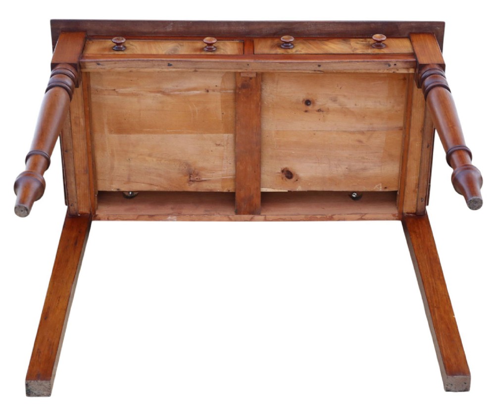 A 19th-century mahogany writing table featuring a gallery top, two frieze drawers with wooden knob handles, and turned legs. View VIII