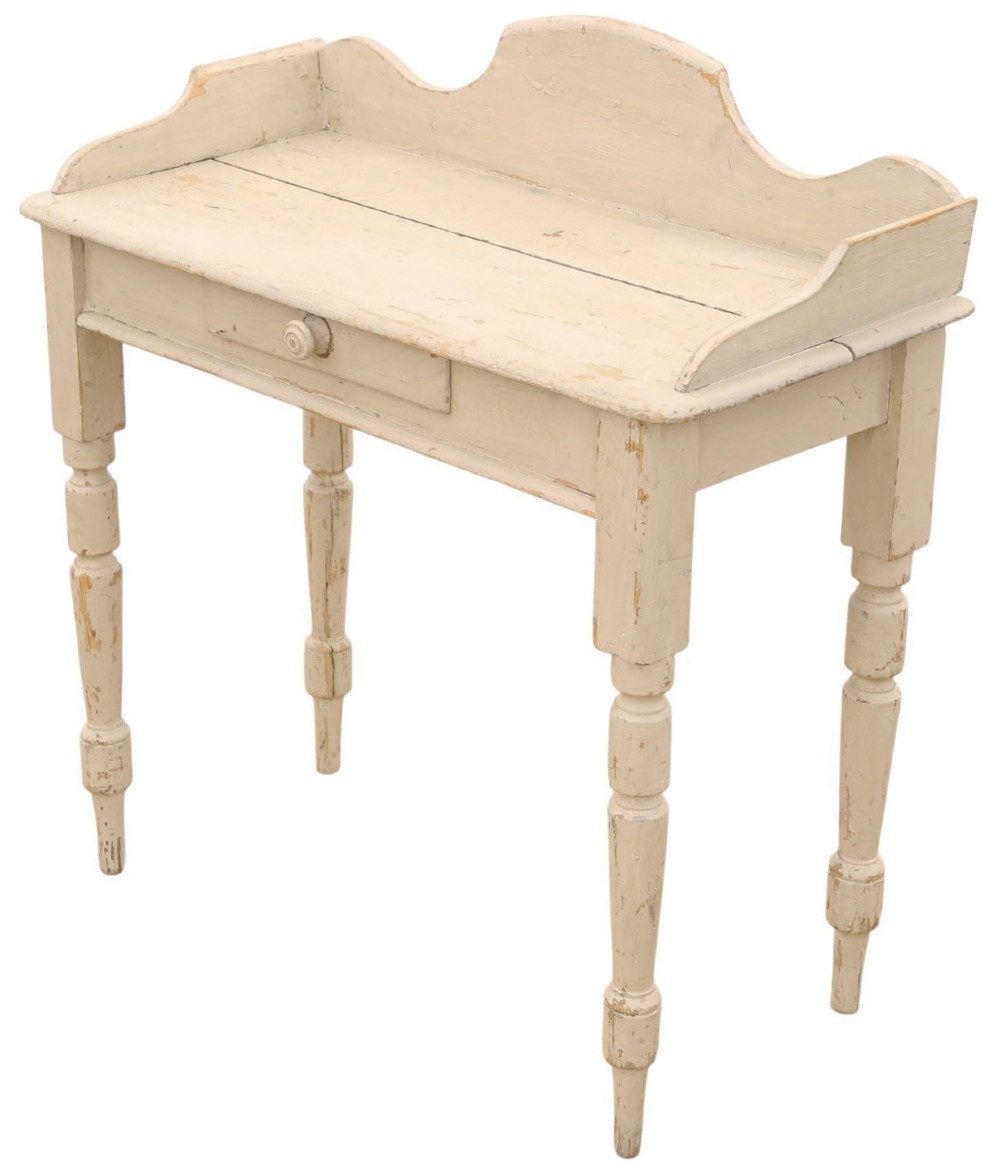 A 19th-century cream painted wooden writing table featuring a shaped gallery back, turned legs, and a single central drawer with a turned wooden knob. View II