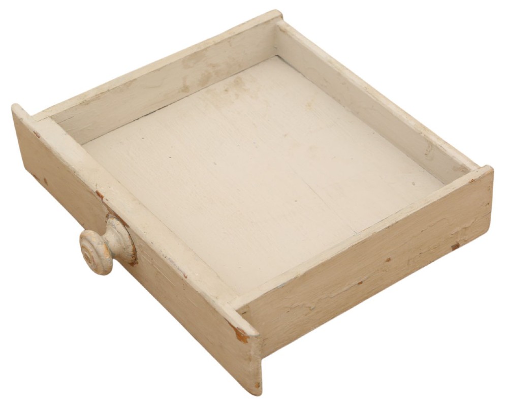 A 19th-century cream painted wooden writing table featuring a shaped gallery back, turned legs, and a single central drawer with a turned wooden knob. View VI