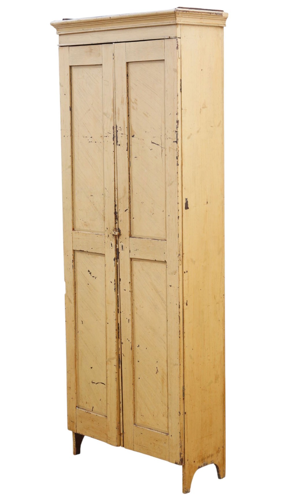 A tall, narrow 19th-century cream painted pine housekeepers cupboard featuring double panelled doors, a moulded top cornice, and distressed paintwork. View V