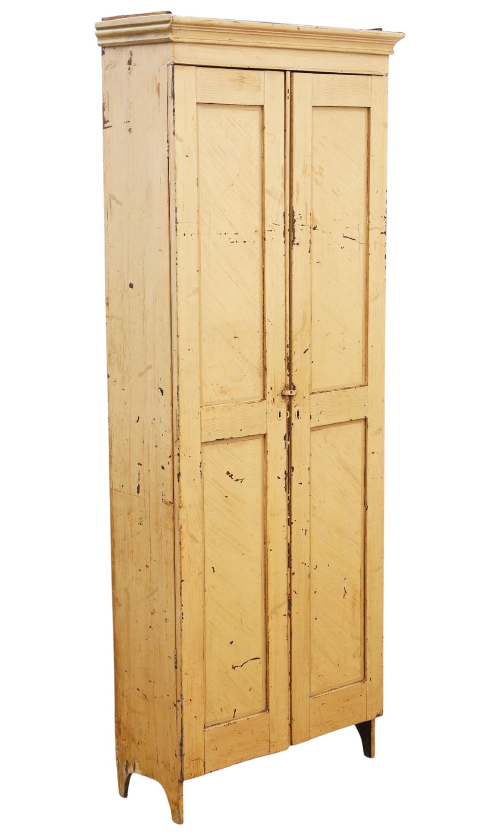 A tall, narrow 19th-century cream painted pine housekeepers cupboard featuring double panelled doors, a moulded top cornice, and distressed paintwork. View VI