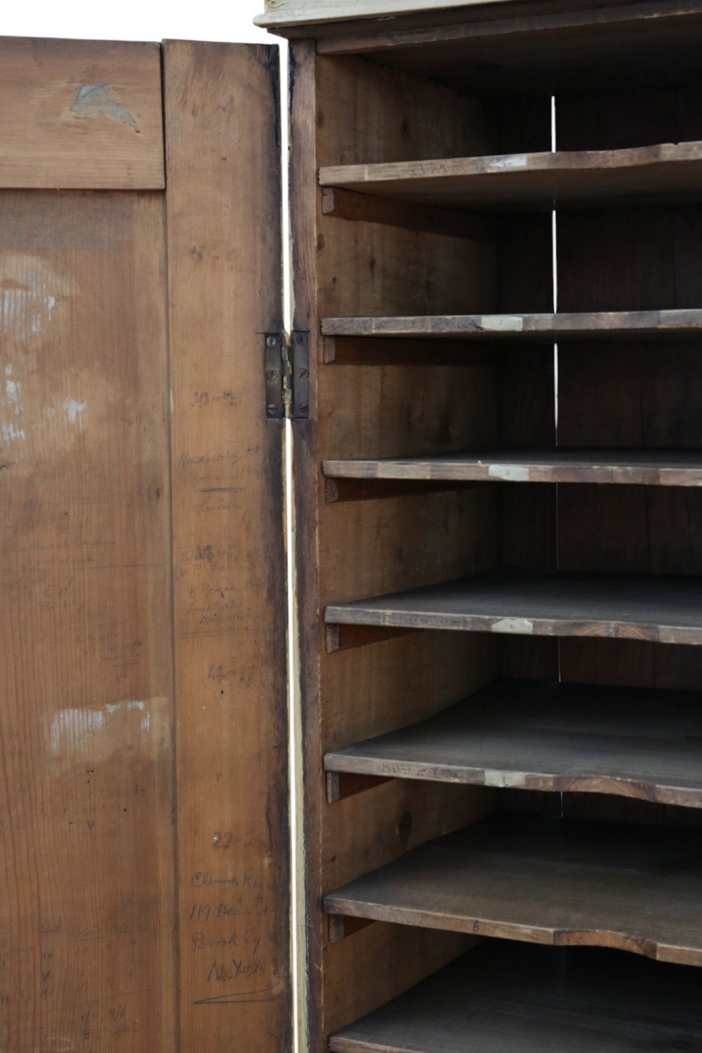A tall, narrow 19th-century cream painted pine housekeepers cupboard featuring double panelled doors, a moulded top cornice, and distressed paintwork. View VIII