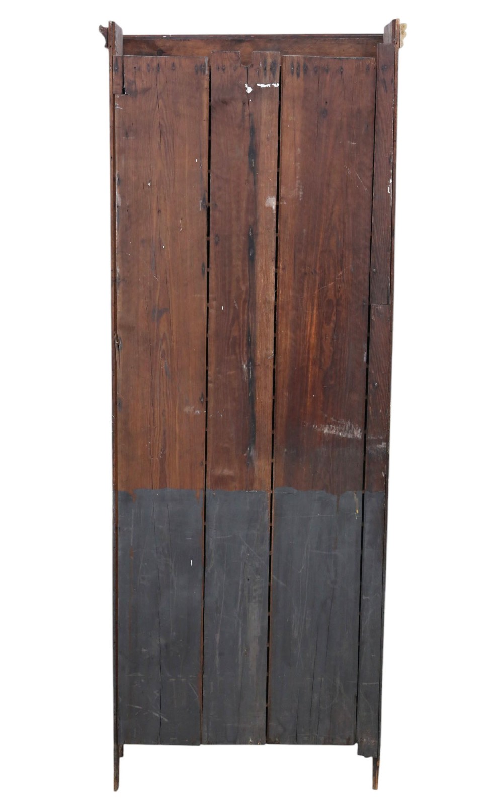 A tall, narrow 19th-century cream painted pine housekeepers cupboard featuring double panelled doors, a moulded top cornice, and distressed paintwork. View IX