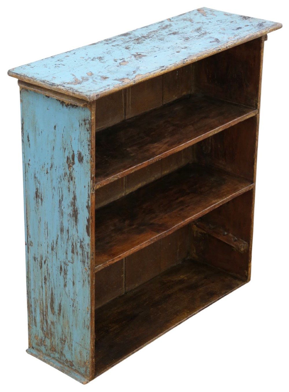 A 19th-century rustic open-front wooden bookcase with distressed light blue paint on the exterior and dark stained wood interior shelves. View II