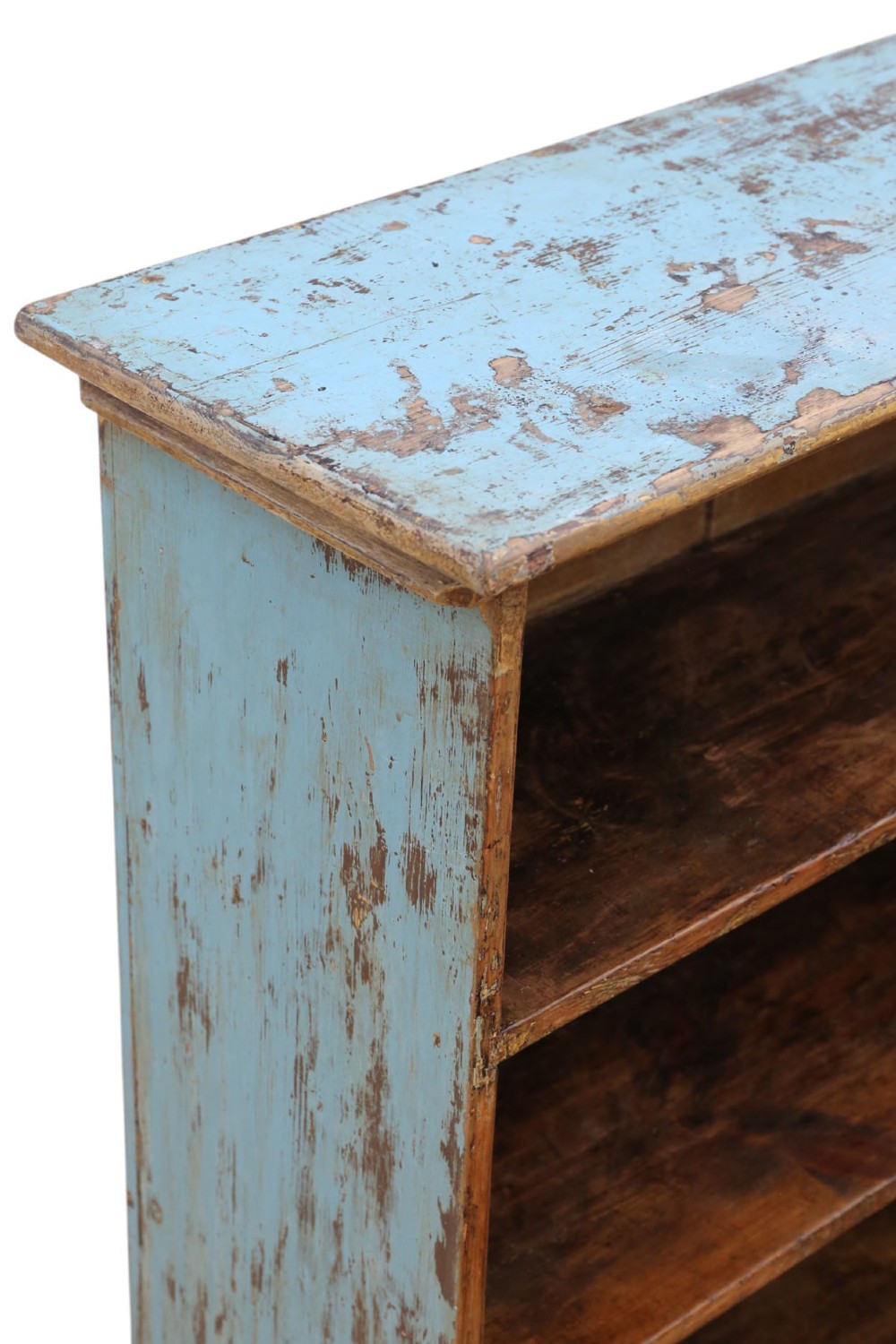 A 19th-century rustic open-front wooden bookcase with distressed light blue paint on the exterior and dark stained wood interior shelves. View VIII