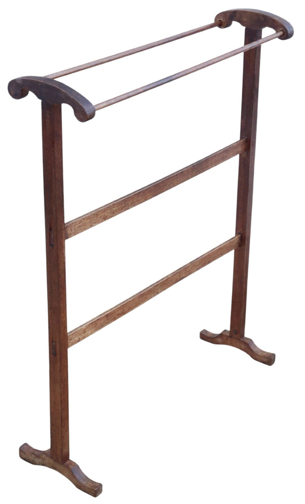 An Edwardian wooden towel rail stand featuring dual top bars, curved side handles, middle cross braces, and splayed trestle feet.