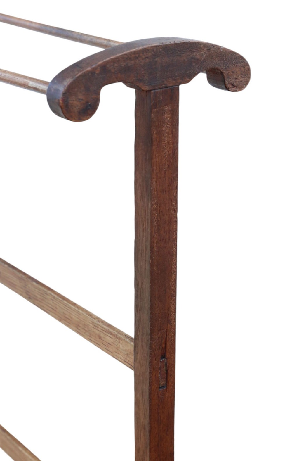 An Edwardian wooden towel rail stand featuring dual top bars, curved side handles, middle cross braces, and splayed trestle feet. View III