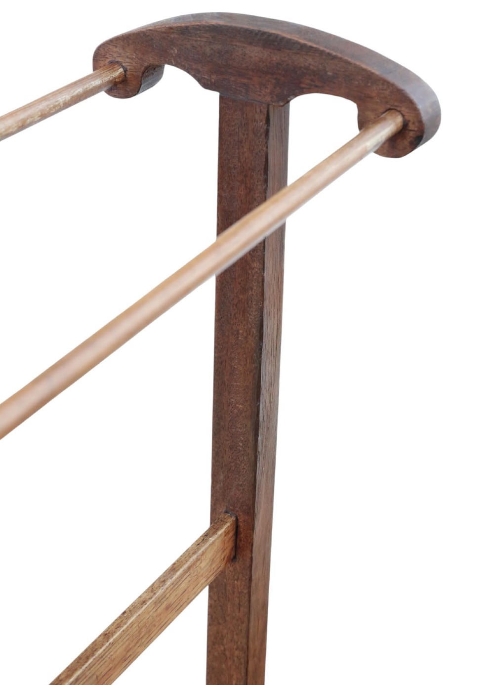 An Edwardian wooden towel rail stand featuring dual top bars, curved side handles, middle cross braces, and splayed trestle feet. View V