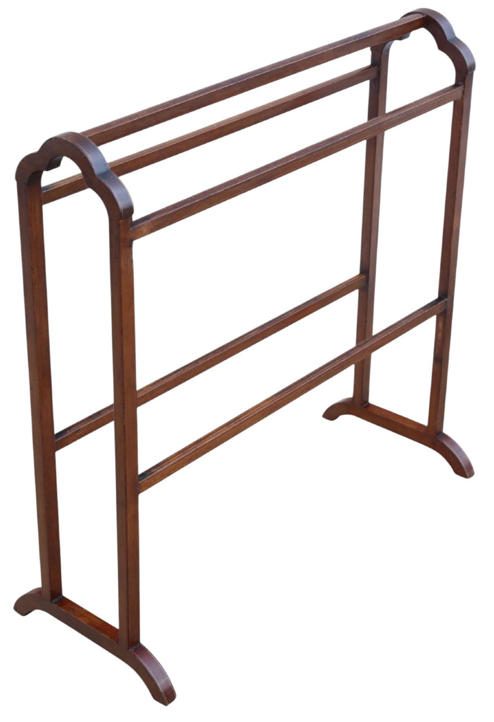 An Edwardian mahogany towel rail featuring arched side supports, fine line inlay, three upper hanging bars, lower stretchers, and splayed feet.