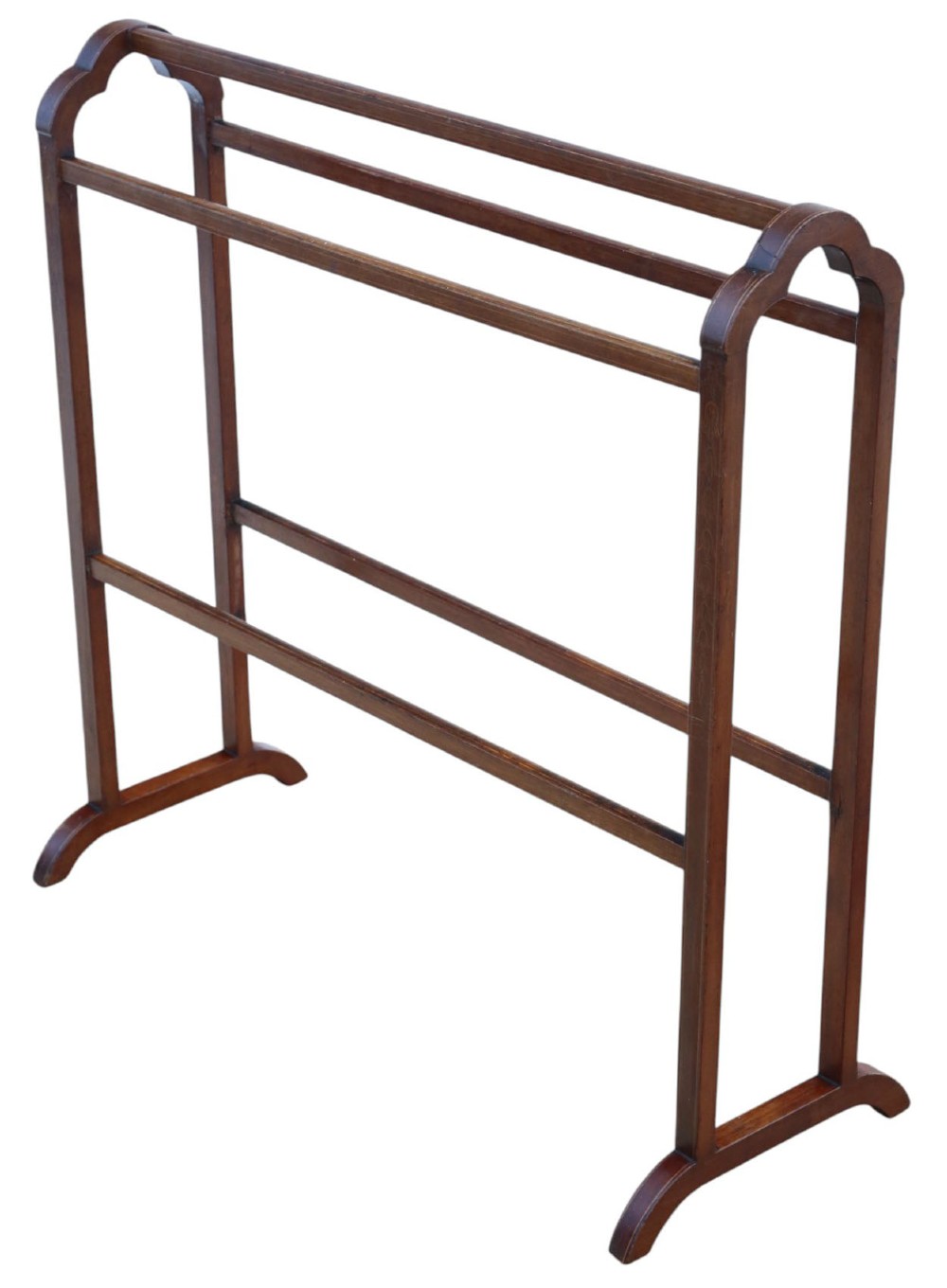 An Edwardian mahogany towel rail featuring arched side supports, fine line inlay, three upper hanging bars, lower stretchers, and splayed feet. View II