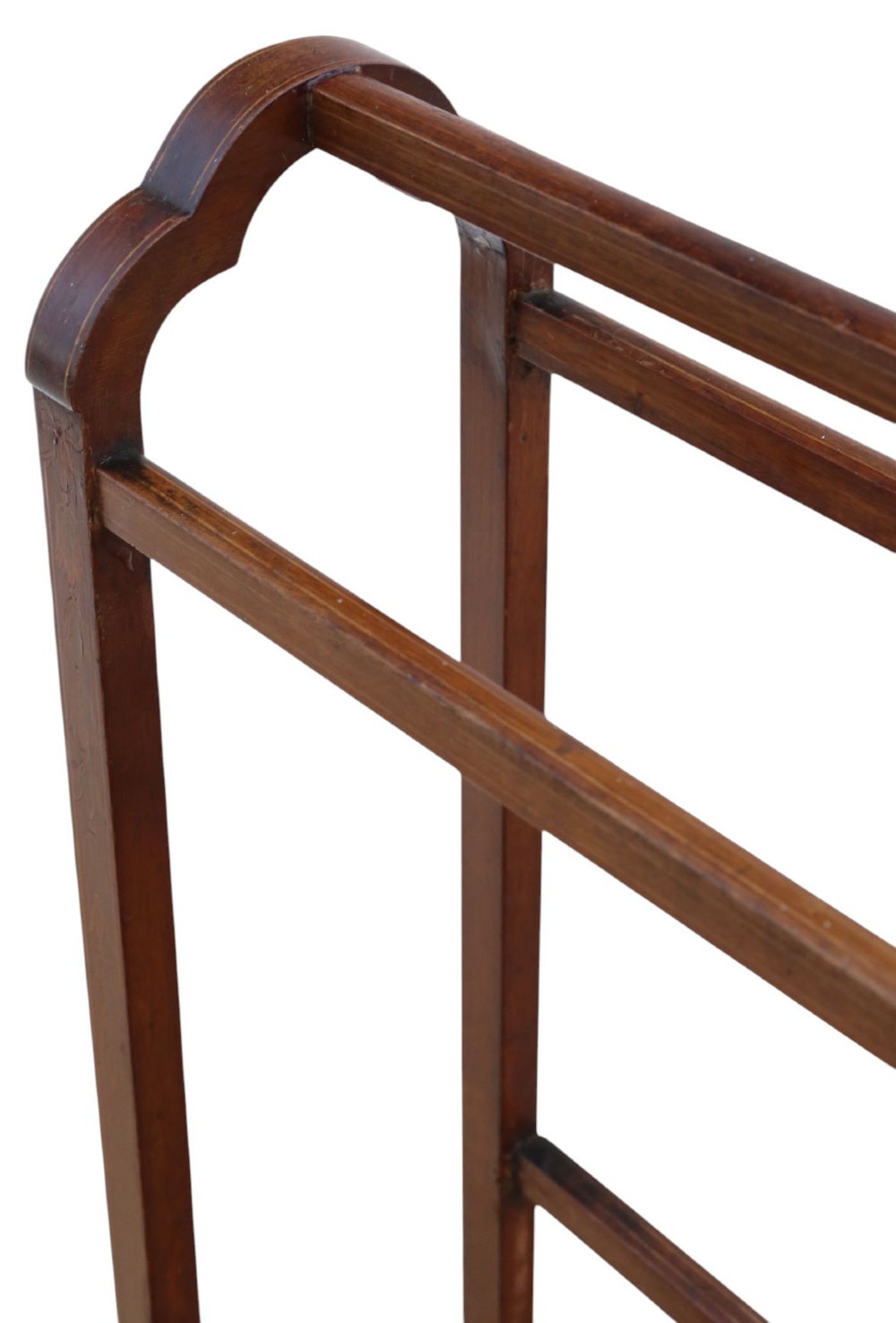 An Edwardian mahogany towel rail featuring arched side supports, fine line inlay, three upper hanging bars, lower stretchers, and splayed feet. View IV