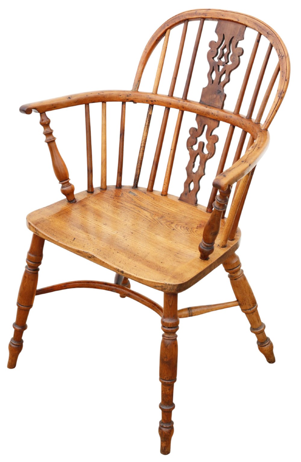 A nineteenth-century wooden Windsor armchair featuring a curved hoop back, a decorative central splat, shaped elm seat, and turned legs with a crinoline stretcher. View II