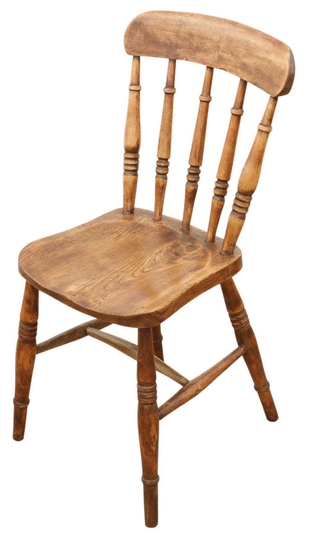 A harlequin set of ten 19th-century Victorian dining chairs crafted from elm and beech wood, featuring spindle backs, curved top rails, turned legs, and stretchers. View V