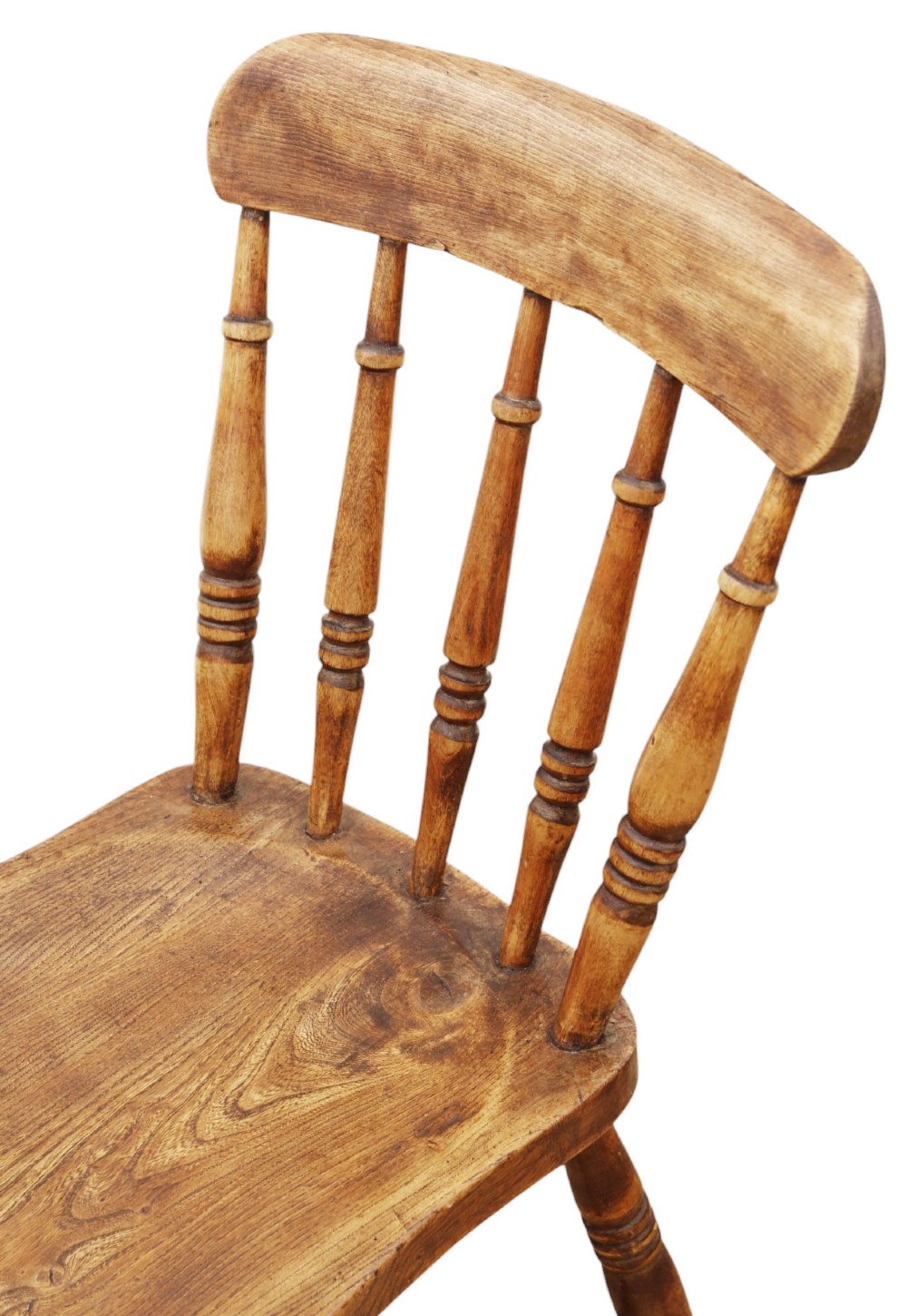 A harlequin set of ten 19th-century Victorian dining chairs crafted from elm and beech wood, featuring spindle backs, curved top rails, turned legs, and stretchers. View VI