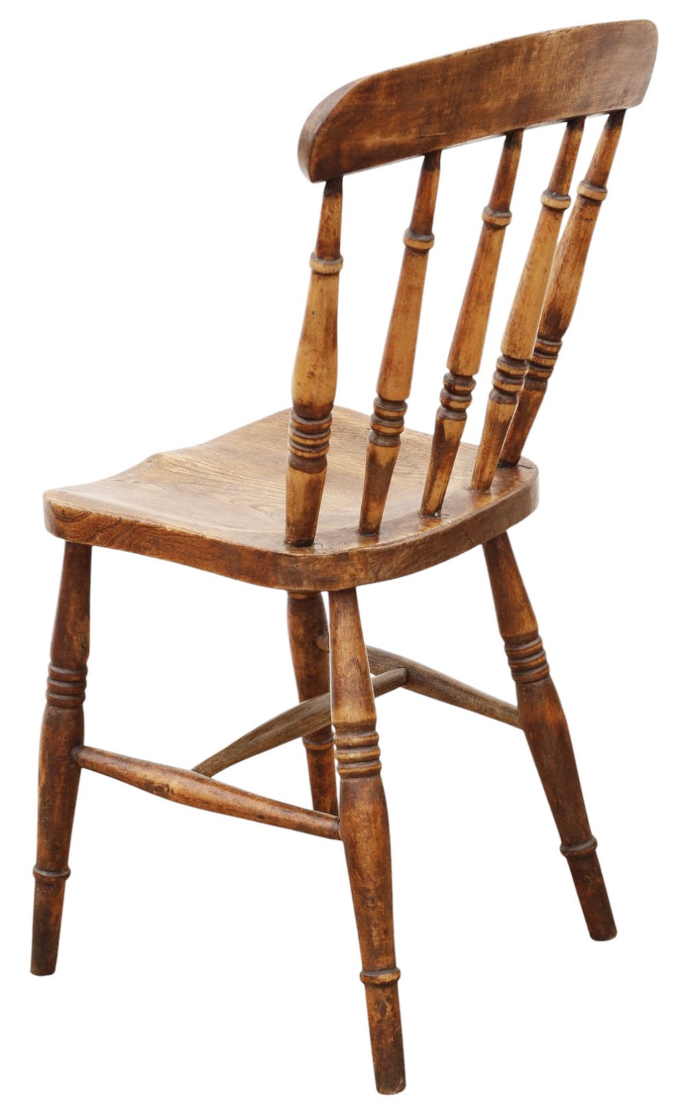 A harlequin set of ten 19th-century Victorian dining chairs crafted from elm and beech wood, featuring spindle backs, curved top rails, turned legs, and stretchers. View VII