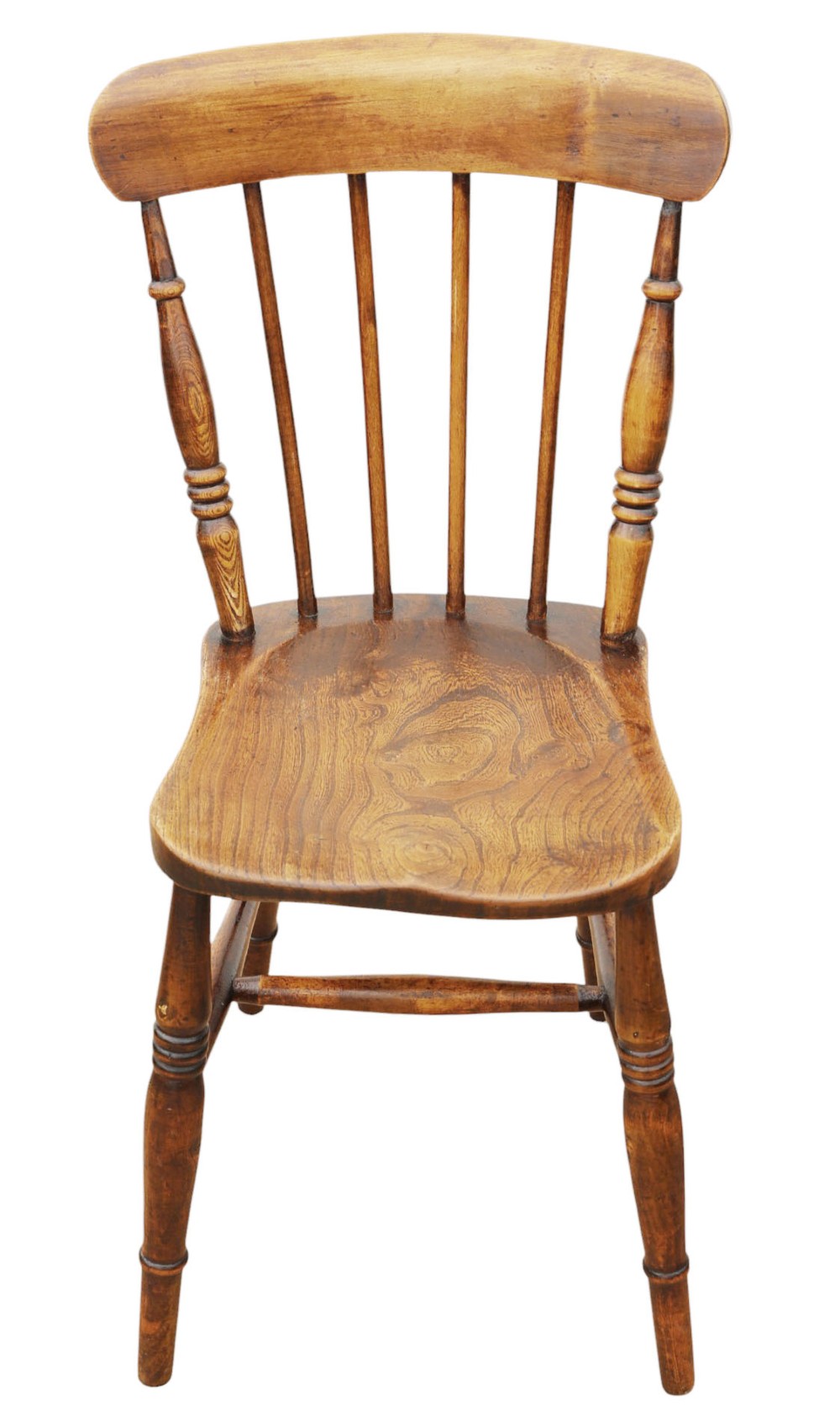 A harlequin set of ten 19th-century Victorian dining chairs crafted from elm and beech wood, featuring spindle backs, curved top rails, turned legs, and stretchers. View IX