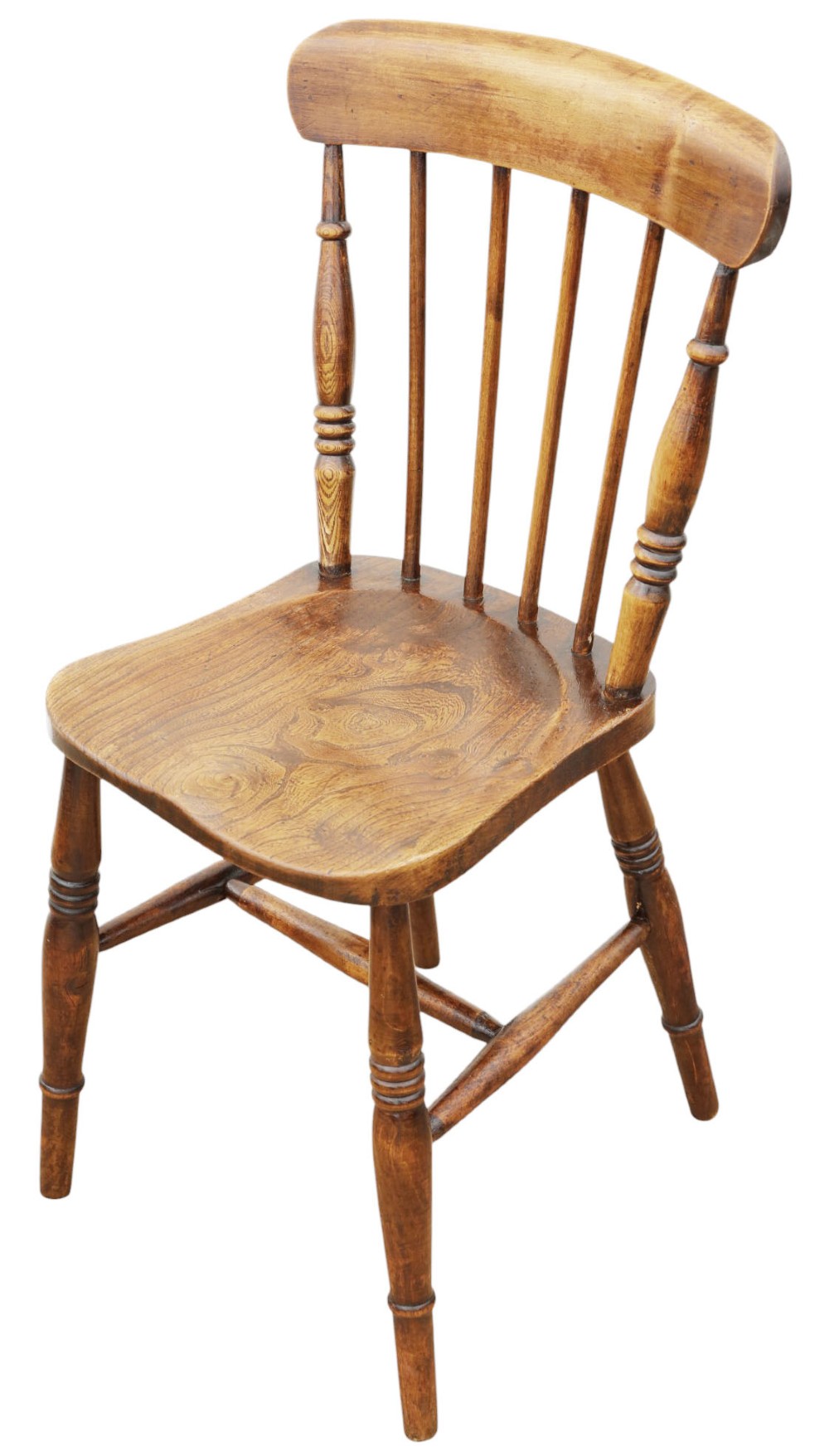 A harlequin set of ten 19th-century Victorian dining chairs crafted from elm and beech wood, featuring spindle backs, curved top rails, turned legs, and stretchers. View X