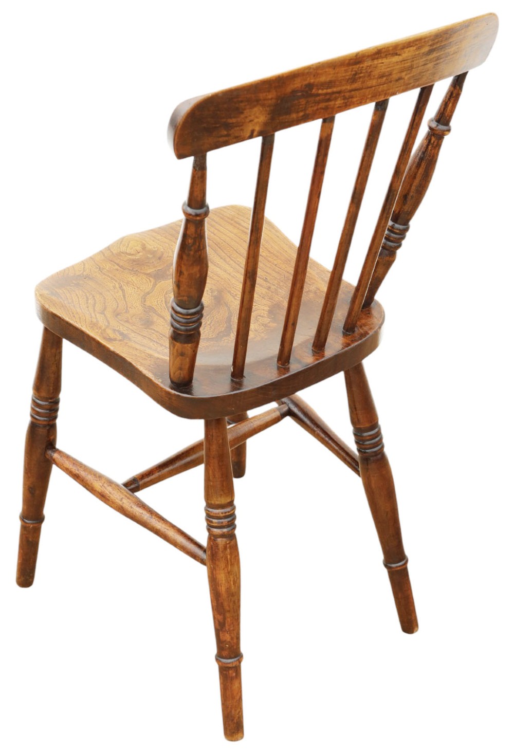 A harlequin set of ten 19th-century Victorian dining chairs crafted from elm and beech wood, featuring spindle backs, curved top rails, turned legs, and stretchers. View XI
