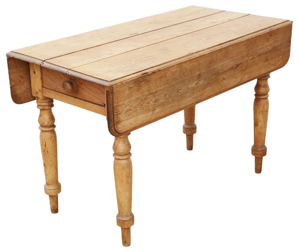 A 19th-century Victorian pine drop-leaf table featuring turned legs, a planked top surface, and a single end drawer with a wooden knob handle. View VIII