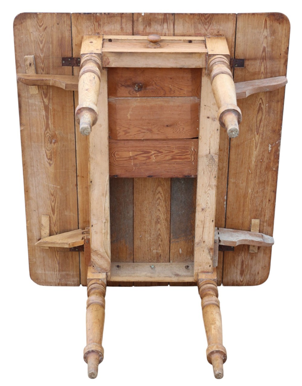A 19th-century Victorian pine drop-leaf table featuring turned legs, a planked top surface, and a single end drawer with a wooden knob handle. View IX