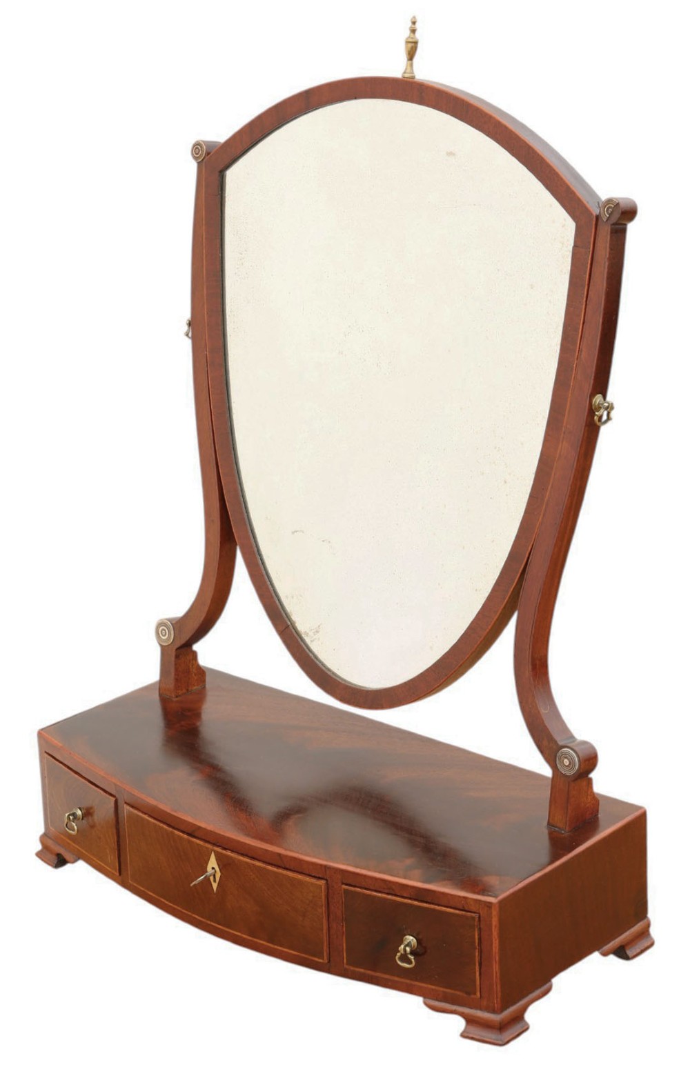 A 19th-century Georgian mahogany swing mirror featuring a shield-shaped frame supported by curved uprights over a shaped base with three small drawers. View III