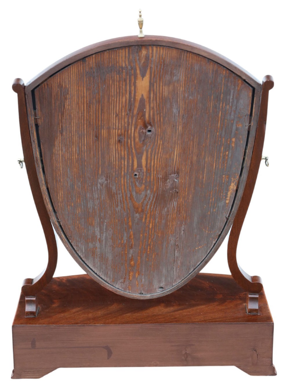 A 19th-century Georgian mahogany swing mirror featuring a shield-shaped frame supported by curved uprights over a shaped base with three small drawers. View V