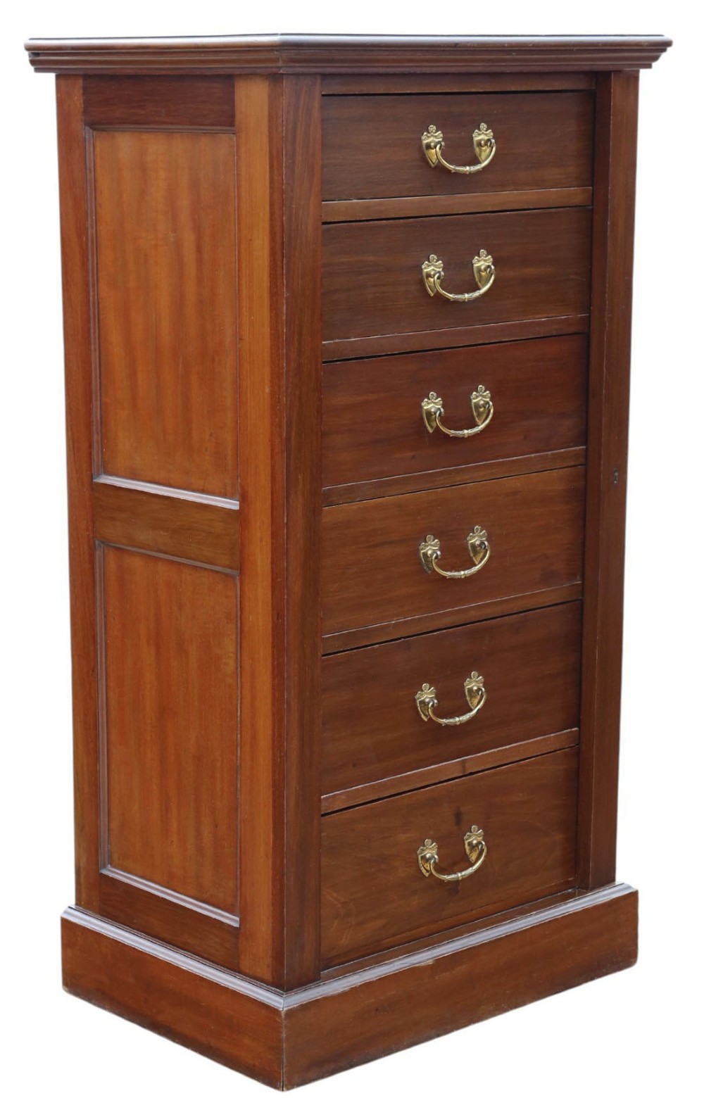 A tall mahogany Wellington chest featuring six drawers with brass handles and a right-side locking pilaster on a plinth base. View IV