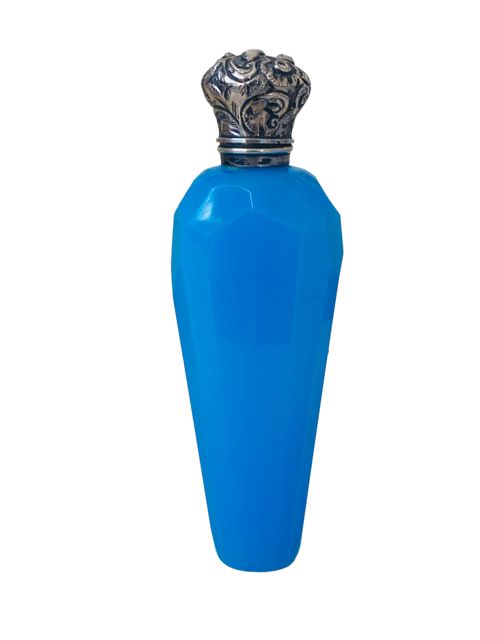 Antique Blue Opaline Glass Perfume Scent Bottle Silver Lid circa 1880