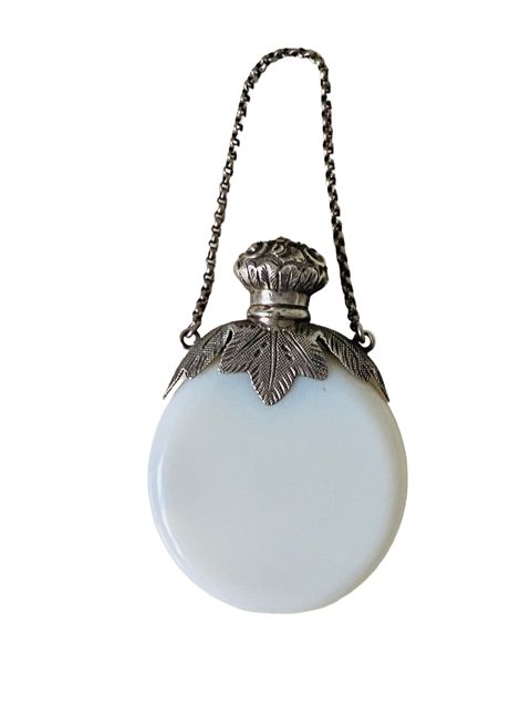 Antique White Opaline Glass Disc Form Chatelaine Perfume Scent Bottle with Sterling Silver Mount c1880