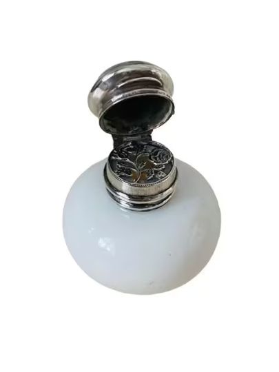 Antique White Opaline / Milk Glass Perfume Scent Vinaigrette Bottle Silver Lid circa 1880