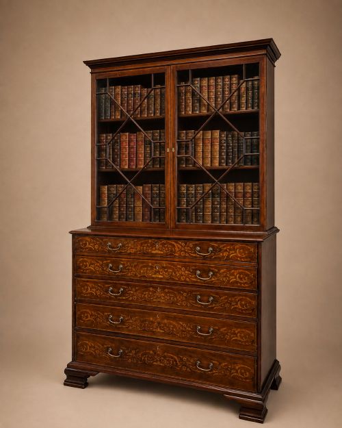 Antique 19th Century Inlaid Mahogany Secretaire Bookcase