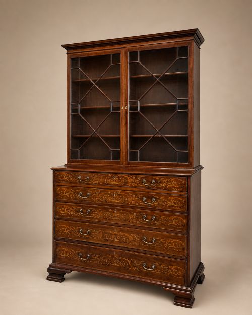fig 1. A 19th-century mahogany secretaire bookcase featuring an upper cabinet with geometric astragal glazed doors above a chest of drawers embellished with floral marquetry inlay.
