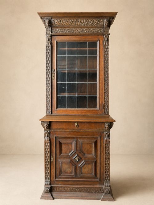 Antique 19th Century Slim Carved Oak Bookcase