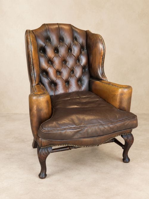 Antique Tan Leather Wing Armchair