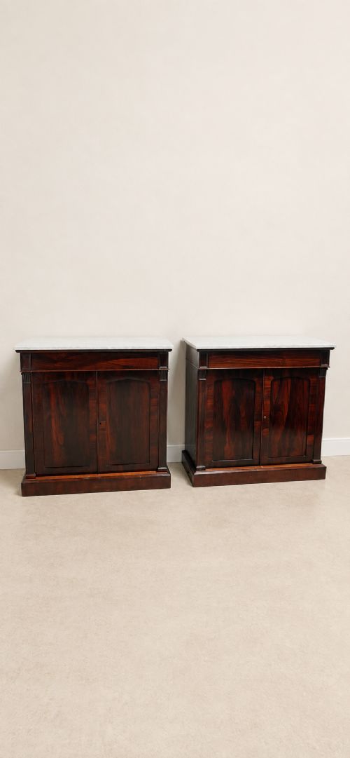 A pair of 19th-century Regency dark rosewood cupboards featuring white marble tops and panelled double doors on plinth bases. View XI