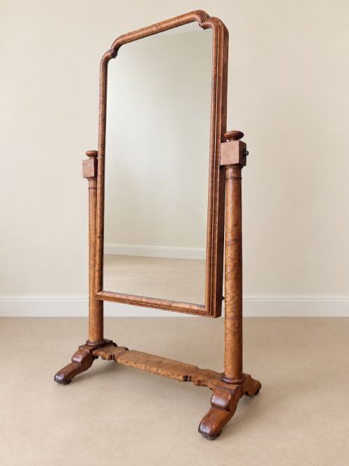 Antique 19th Century Satin Birch Cheval Mirror