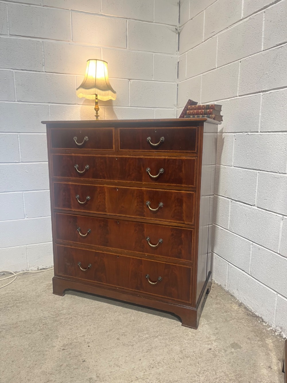 Antique Late 19th Century Inlaid Mahogany 5 Height Chest Of Drawers