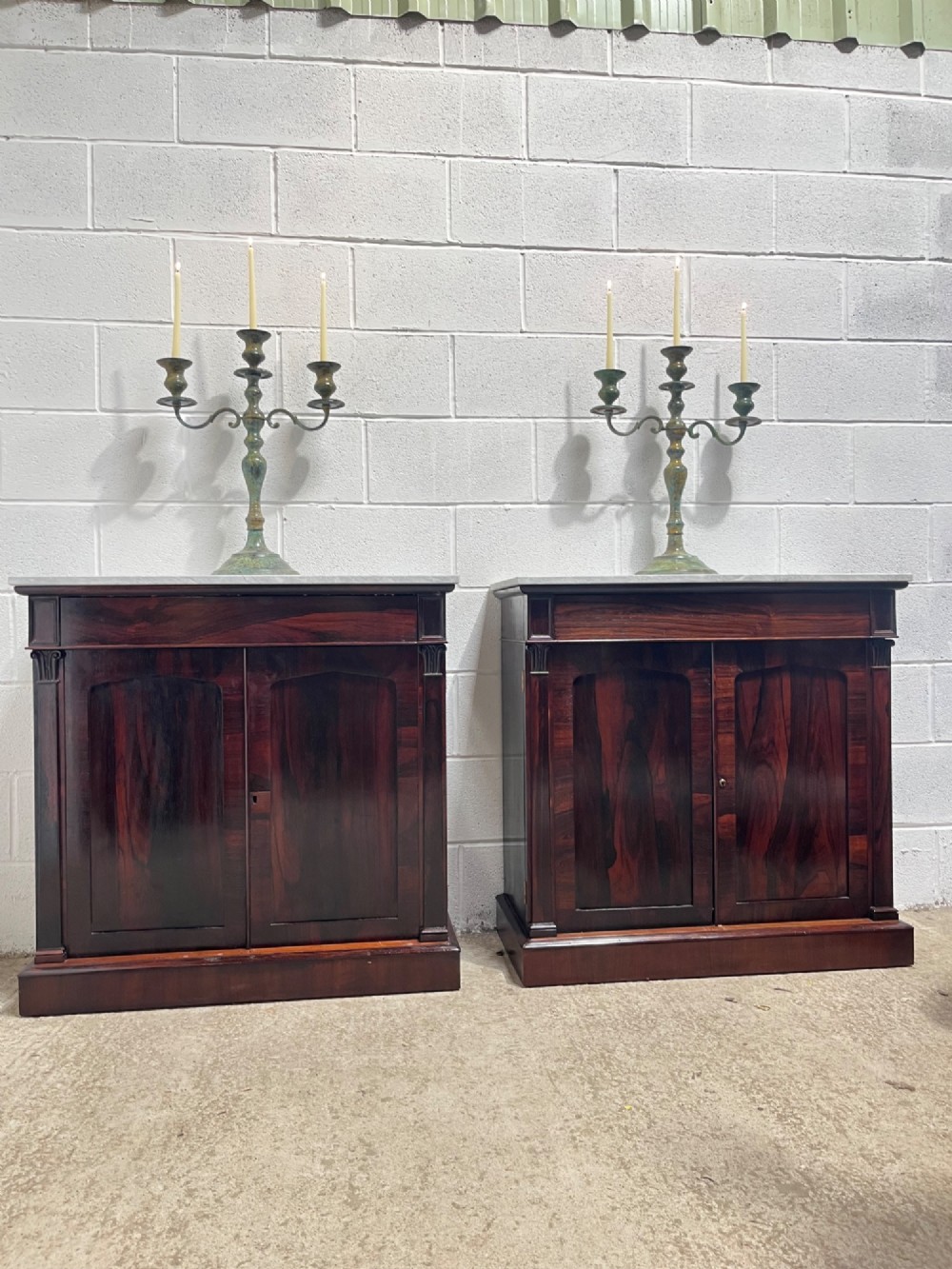 A Stunning Pair Of Antique 19th Century Rosewood Marble Topped Cupboards