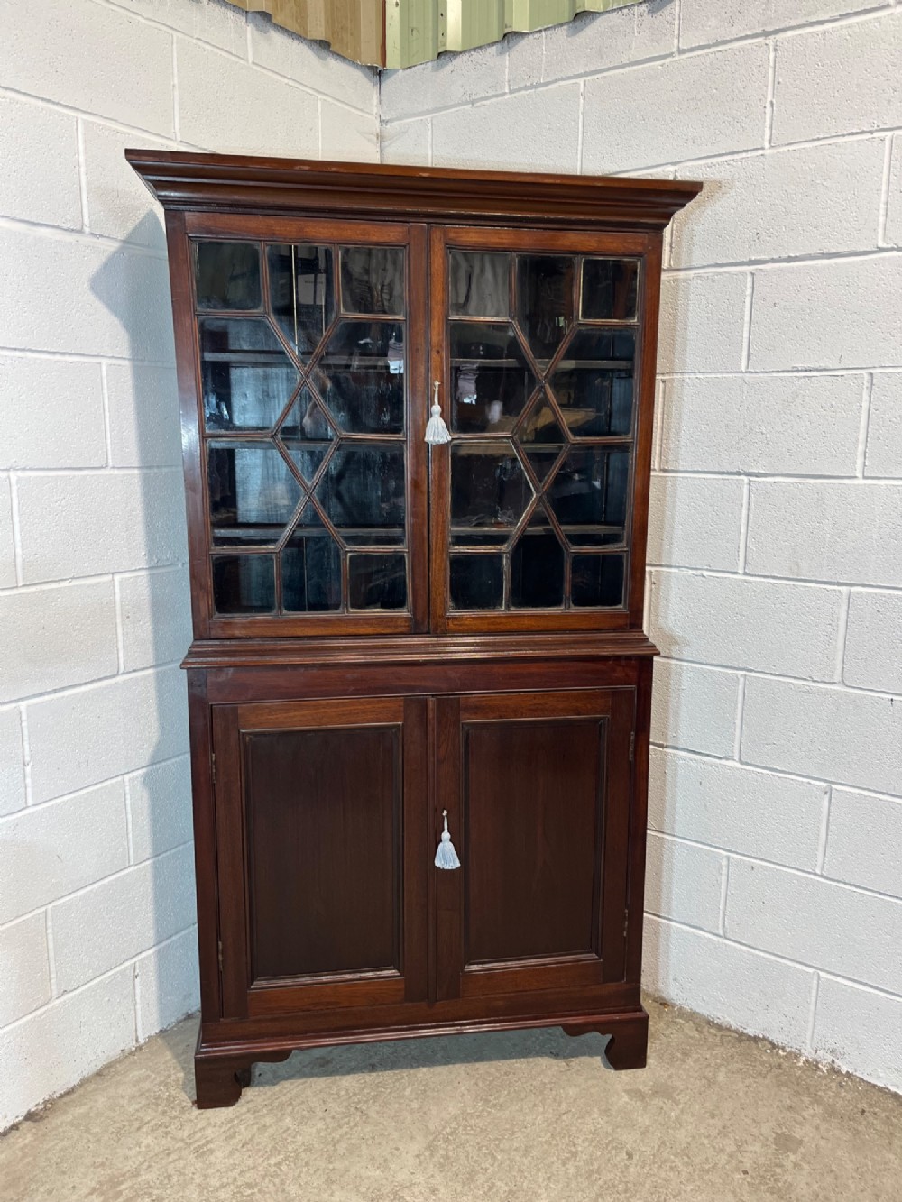 A tall 19th-century mahogany bookcase featuring upper astragal glazed doors above a lower two-door solid panelled cupboard. View II
