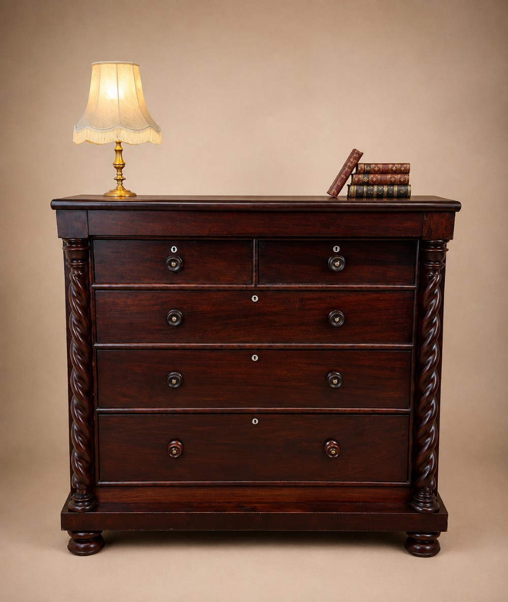 A 19th-century dark mahogany Scotch chest of drawers featuring spiral barley twist side columns, turned wooden knobs, and a heavy plinth base.