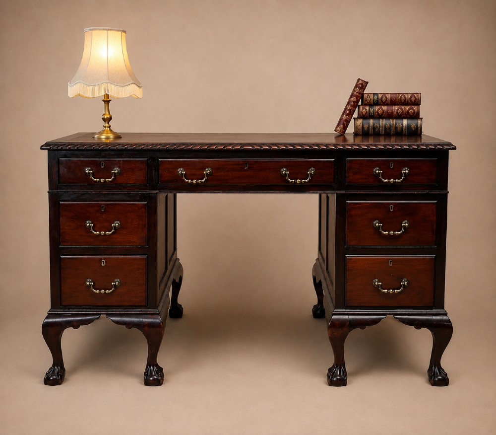 An early 20th-century dark mahogany pedestal writing desk featuring an inset leather top, brass swan-neck handles, seven drawers, and cabriole legs with ball and claw feet.