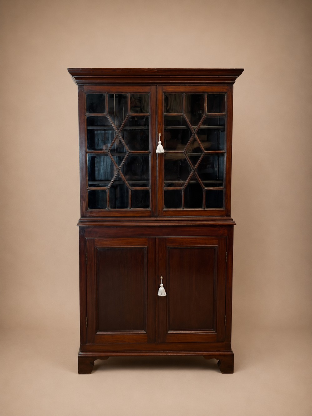 A tall 19th-century mahogany bookcase featuring upper astragal glazed doors above a lower two-door solid panelled cupboard.