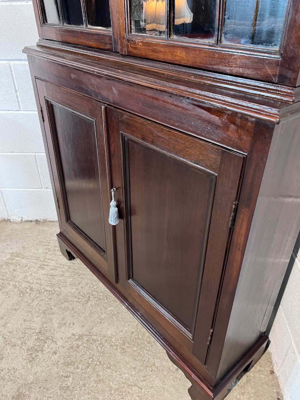 A tall 19th-century mahogany bookcase featuring upper astragal glazed doors above a lower two-door solid panelled cupboard. View VII