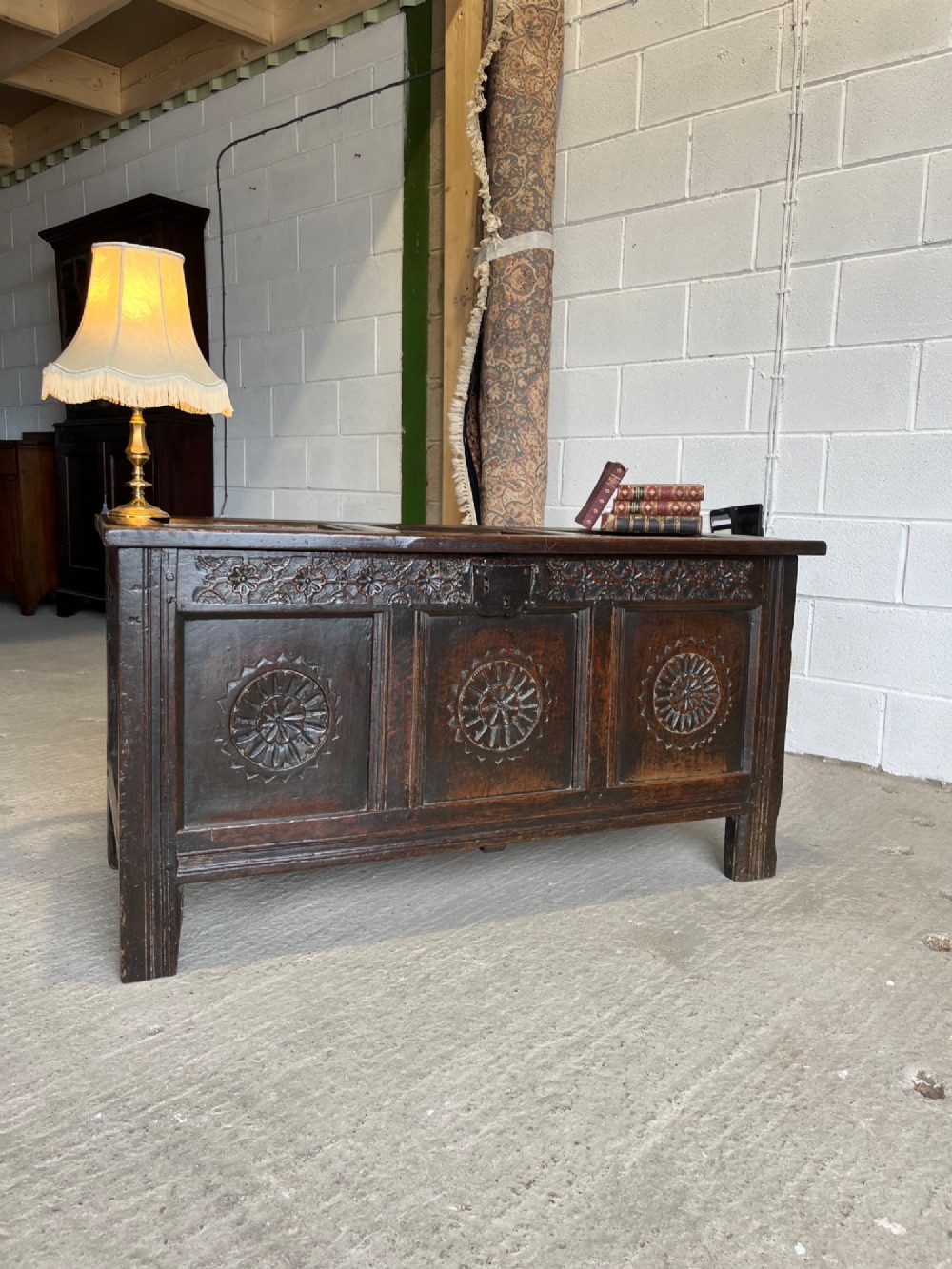 Antique Late 17th Century Carved Oak Coffer View II