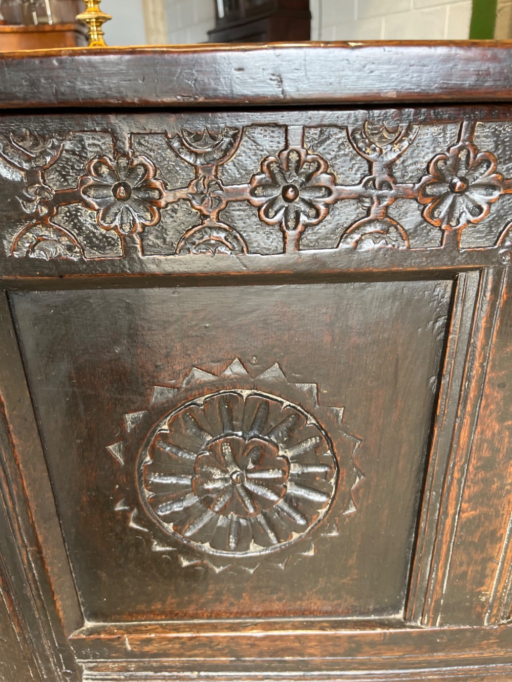 Antique Late 17th Century Carved Oak Coffer View VIII