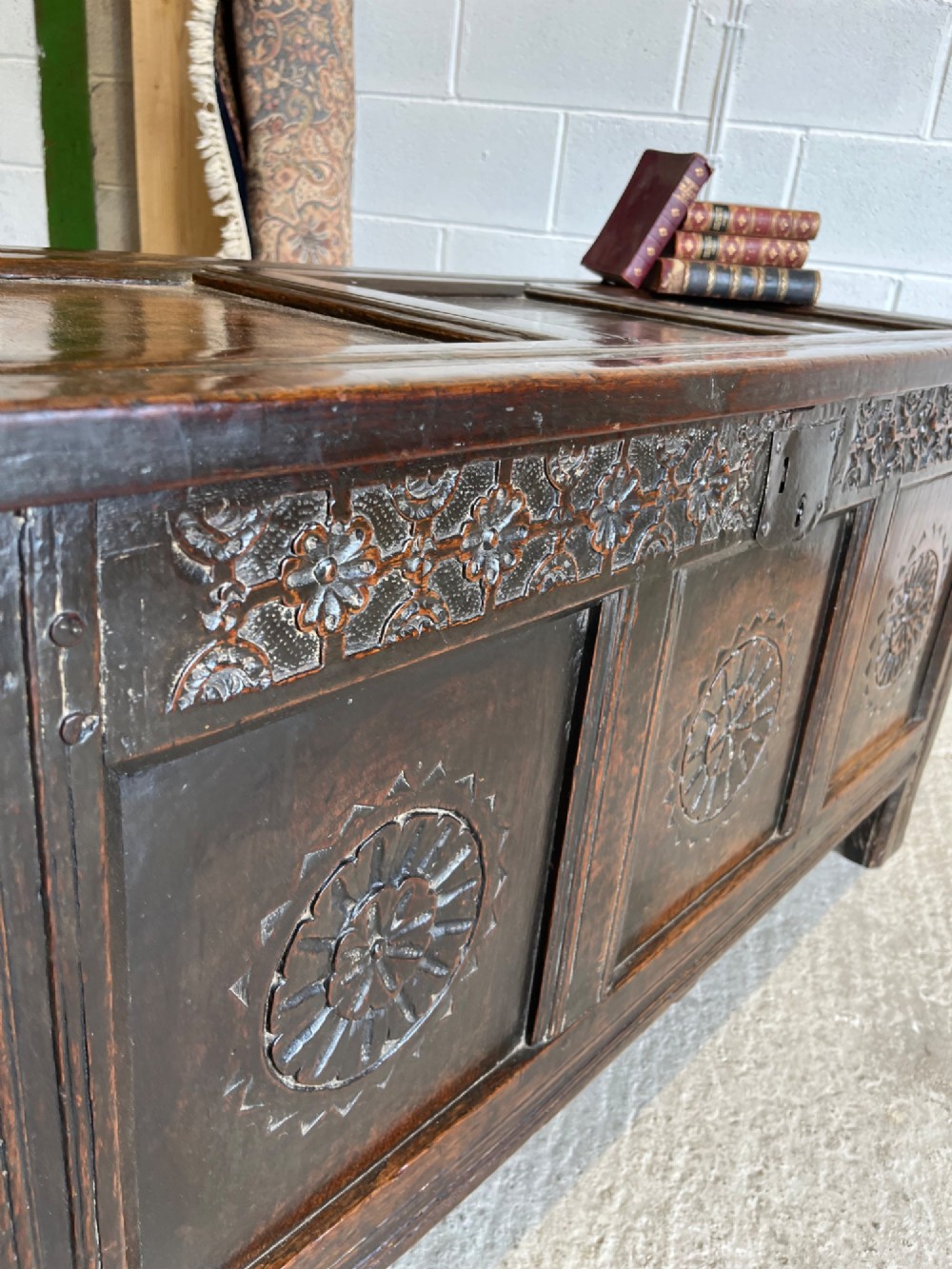 Antique Late 17th Century Carved Oak Coffer View IX