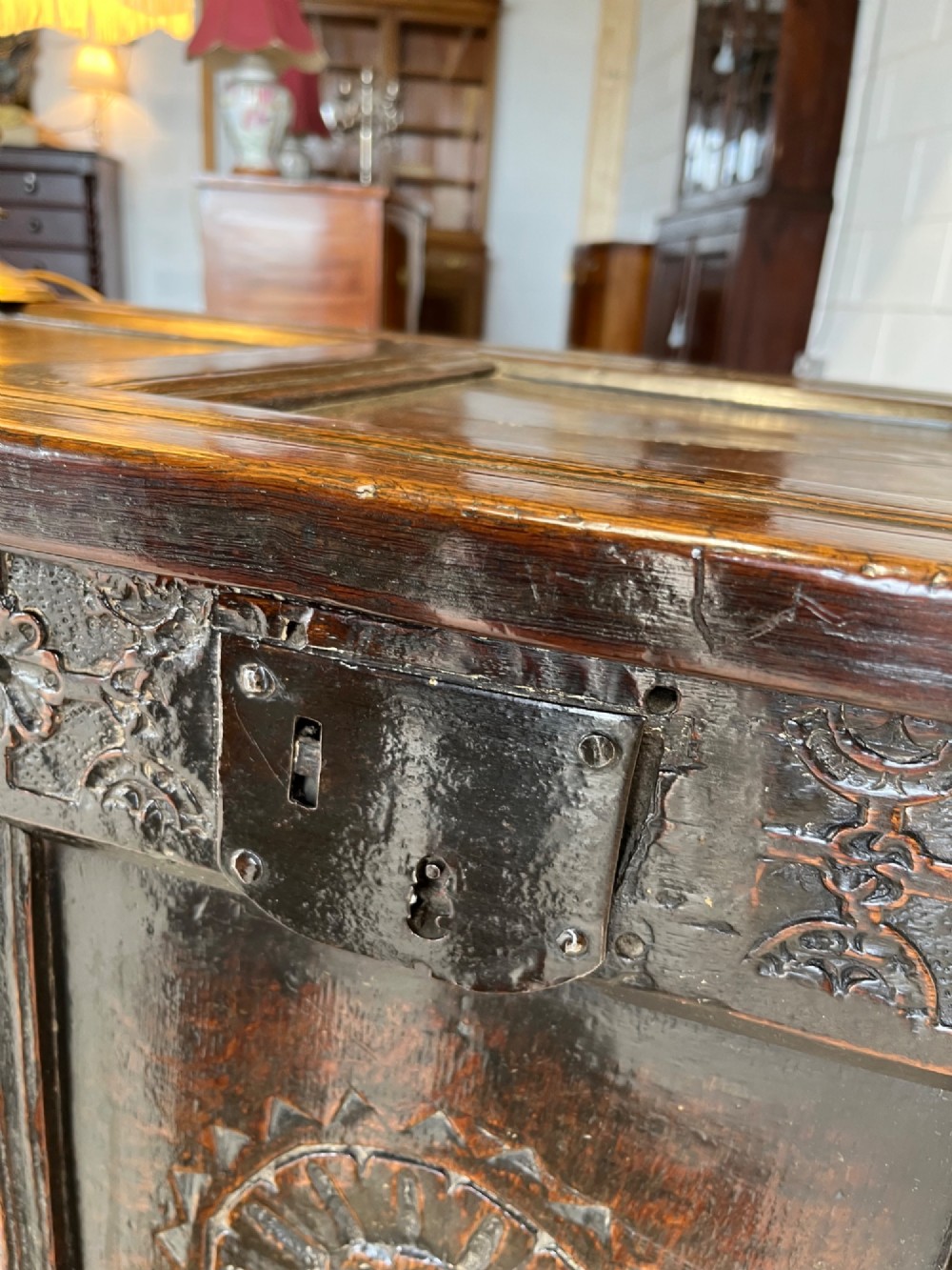 Antique Late 17th Century Carved Oak Coffer View X