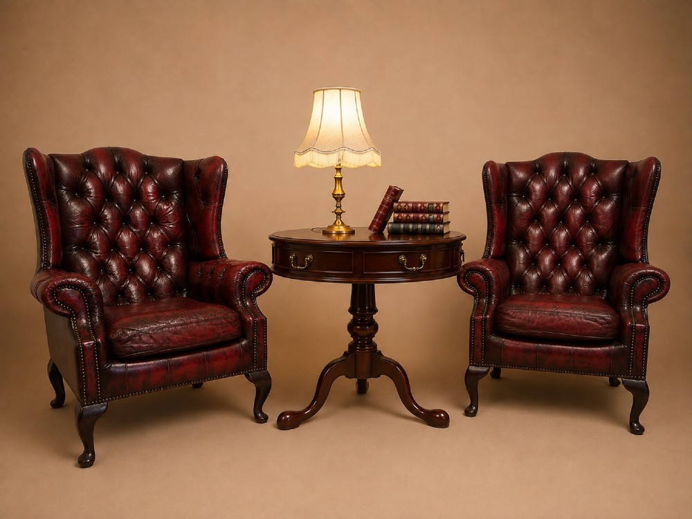 A pair of antique oxblood red leather Chesterfield wingback armchairs featuring deep button tufting, brass studding, and dark wooden cabriole front legs. View II