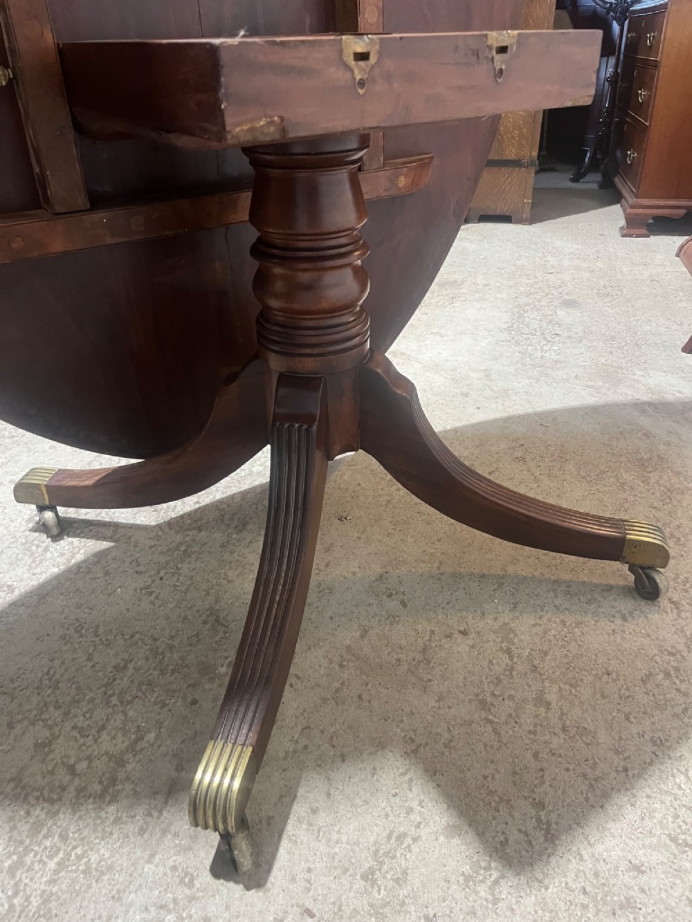 An oval Regency mahogany dining table featuring a central turned pedestal supported by four reeded sabre legs with brass casters. View VII
